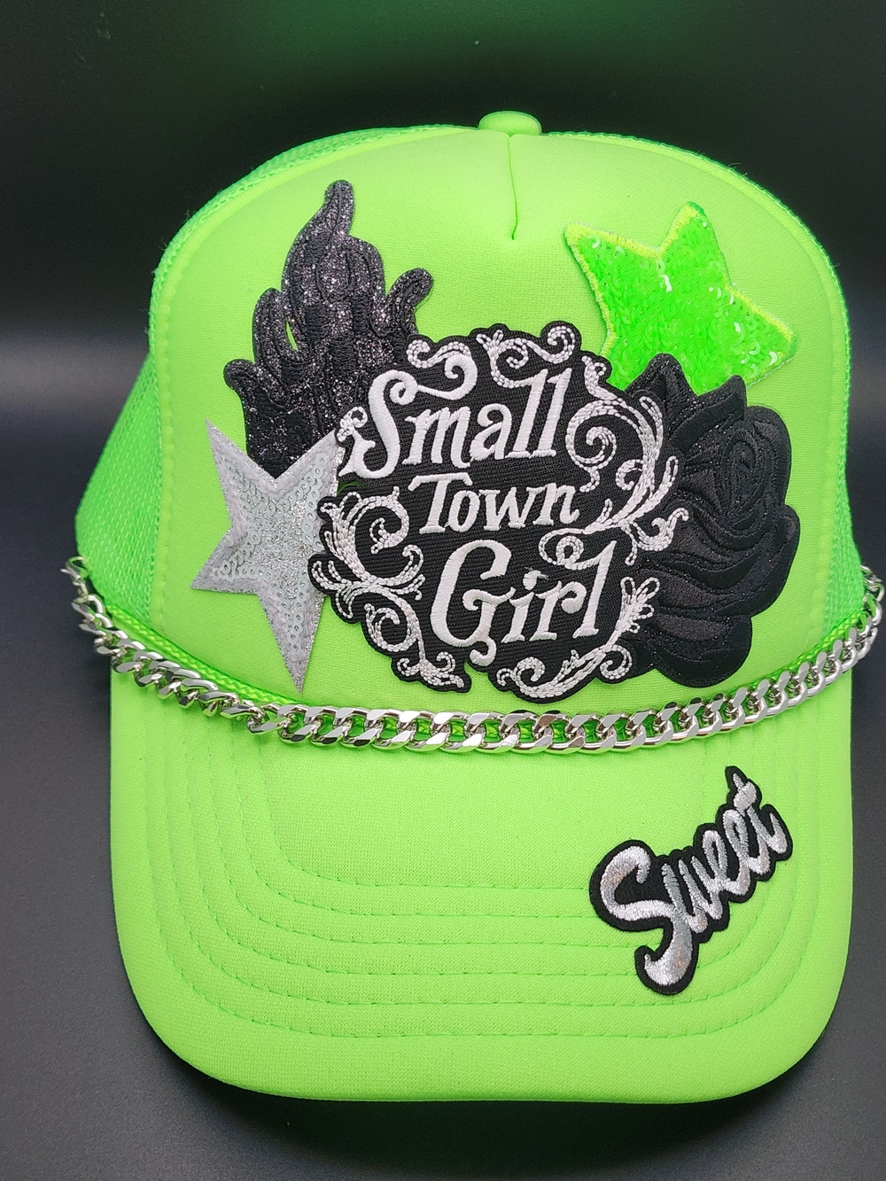 Neon Green 'Small Town Girl' Embroidered Chain Cap